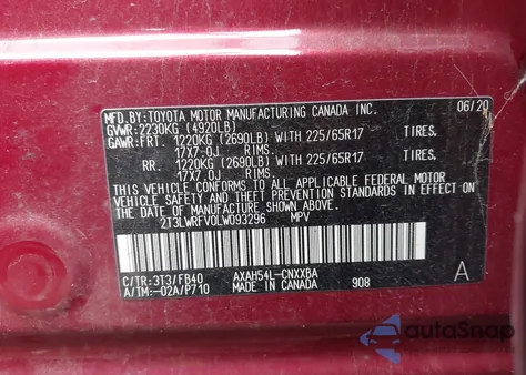 2020 Toyota Rav4 Hybrid Le z USA, uszkodzony, nr VIN 2T3LWRFV0LW093296